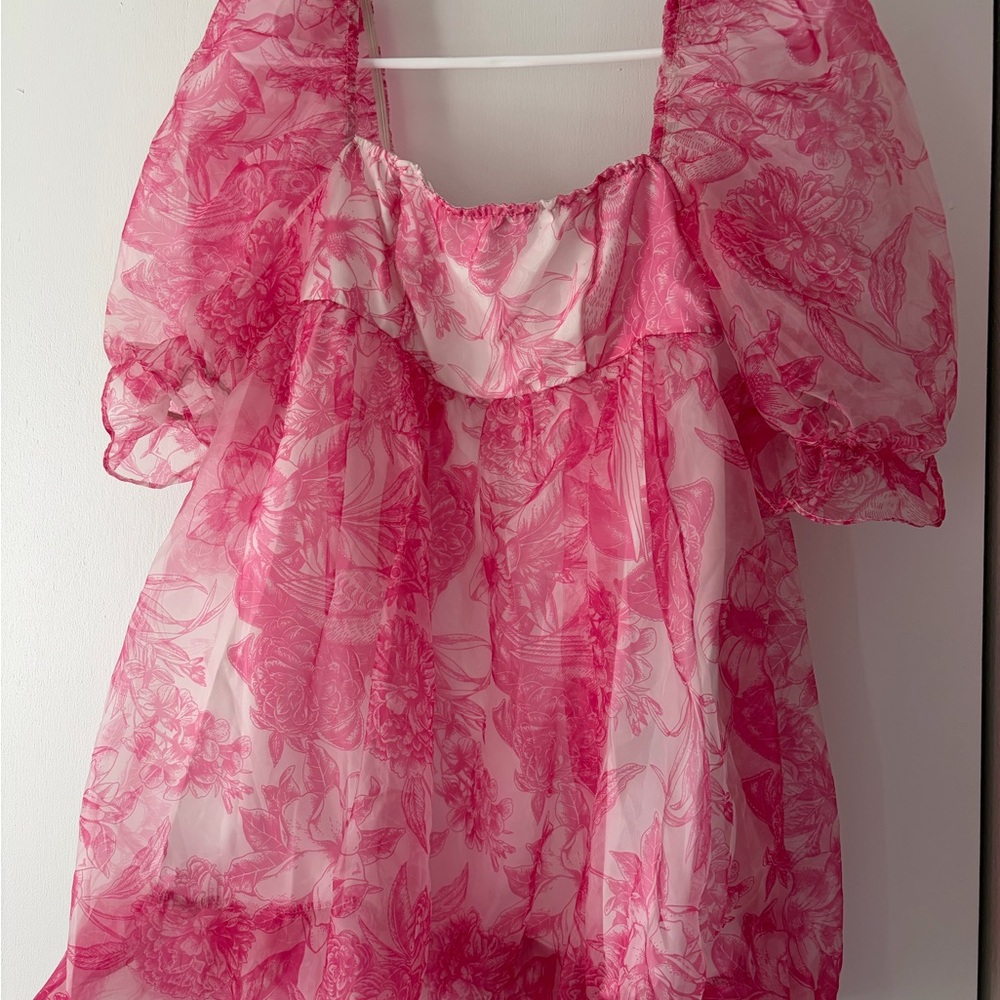 Sheer Floral Puff-Sleeve Blouse in Hot Pink
